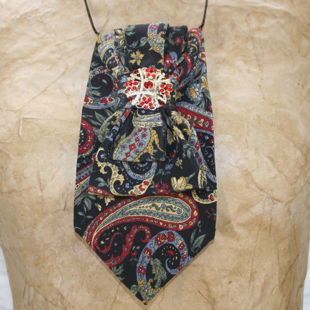 UPCYCLED Neck Tie Necklace Brooch Necktie Holiday Gift Accessory Paisley Black